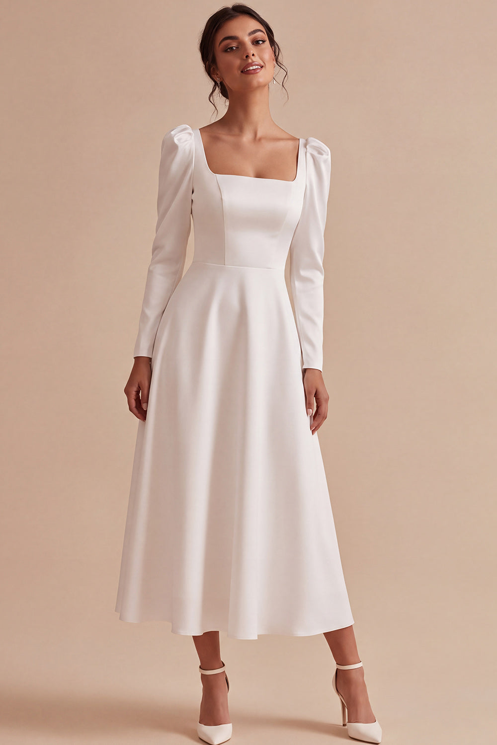 White A-Line Square Neck Midi Engagement Dress with Sleeves