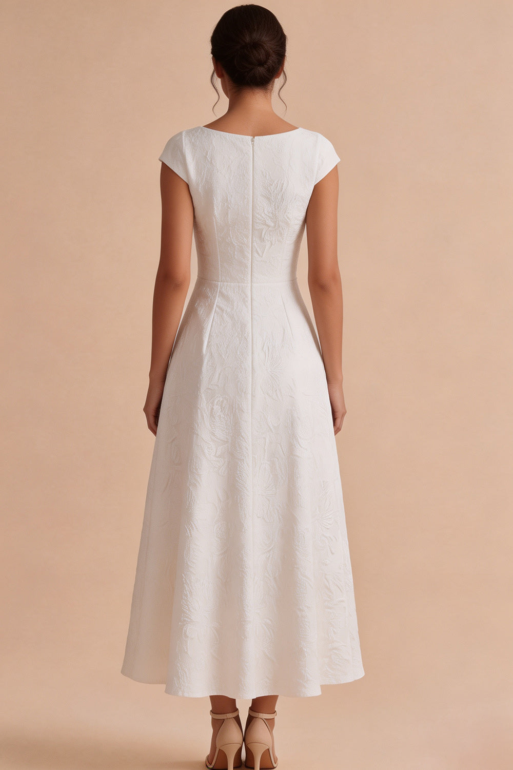 White Jacquard A-Line Boat Neck Long Engagement Dress with Sleeves