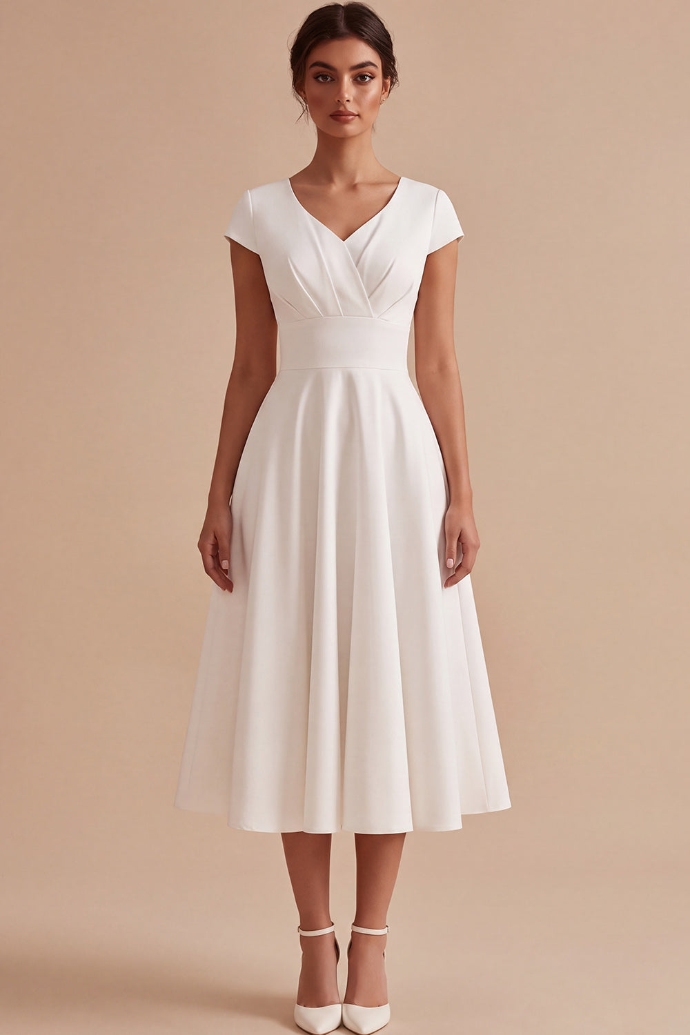 White A-Line V-Neck Ruched Cap Sleeves Midi Engagement Dress