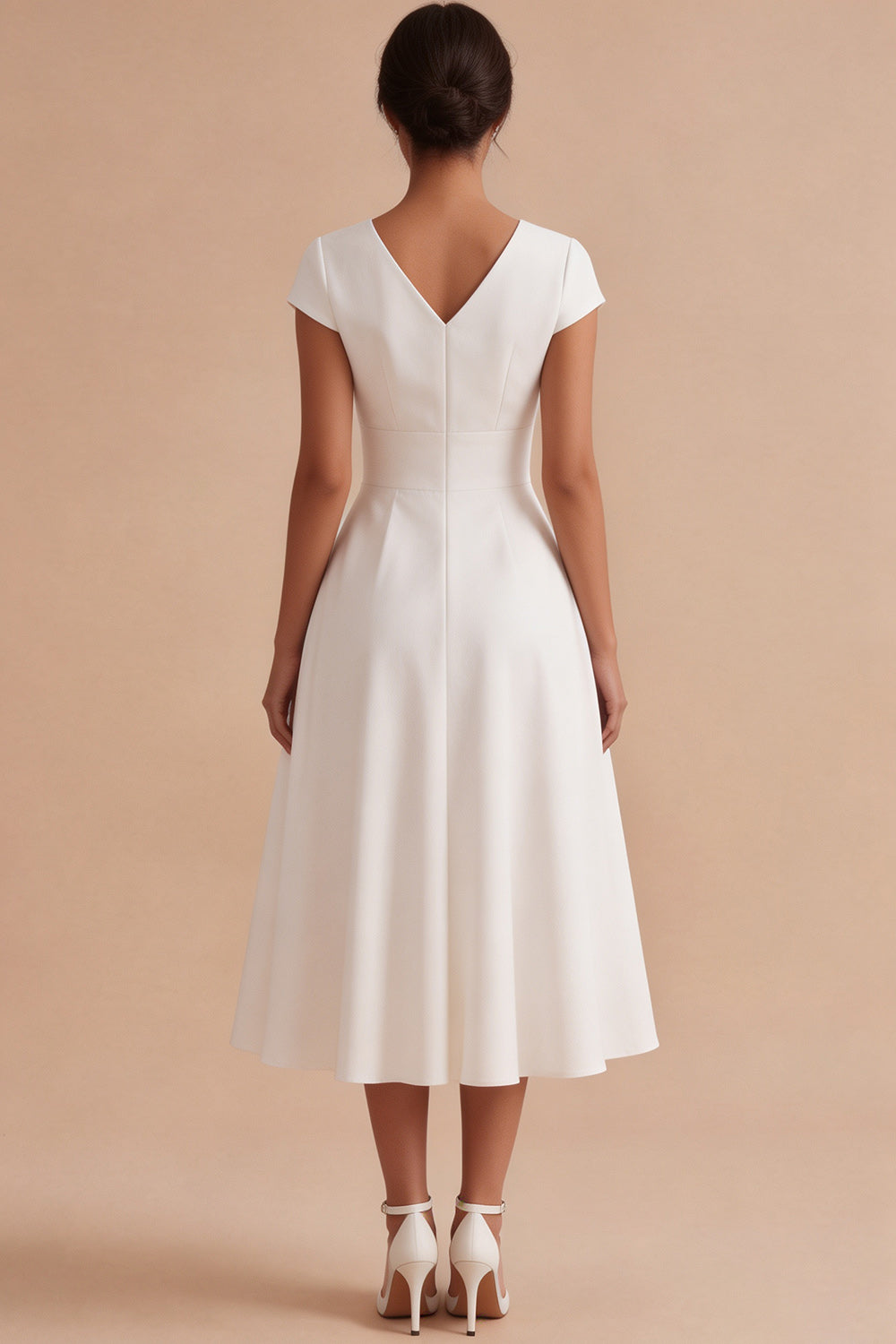 White A-Line V-Neck Ruched Cap Sleeves Midi Engagement Dress