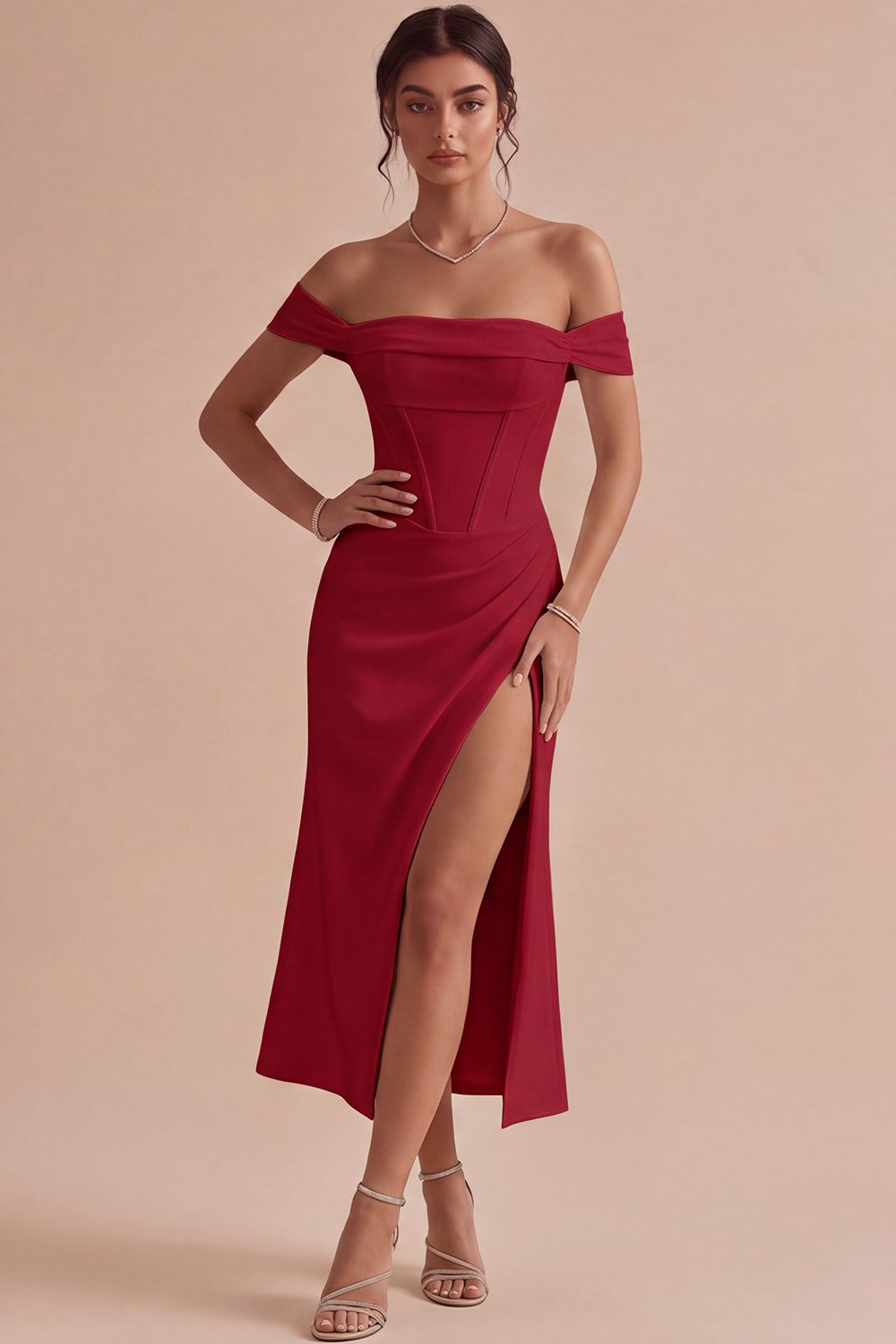 White Corset Ruched Off the Shoulder Midi Engagement Dress with Slit