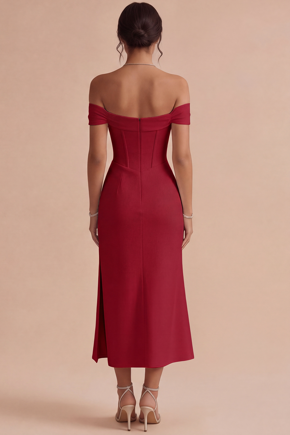 White Corset Ruched Off the Shoulder Midi Engagement Dress with Slit