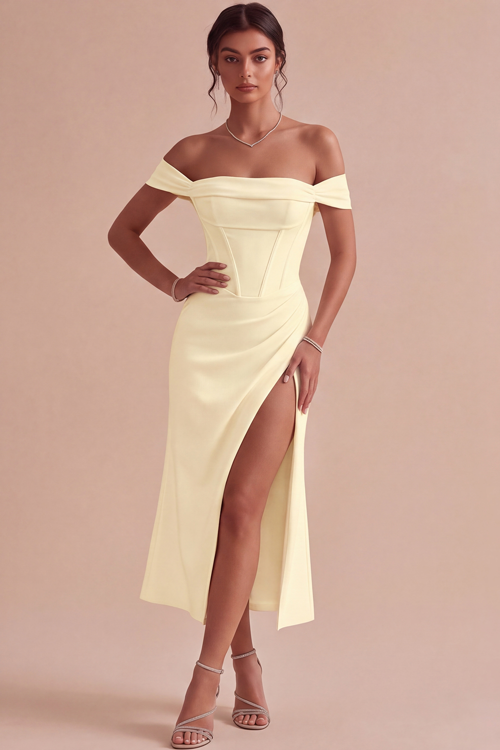 White Corset Ruched Off the Shoulder Midi Engagement Dress with Slit