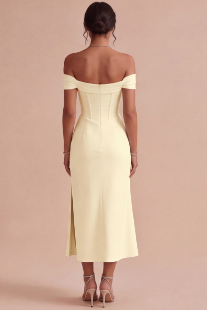 White Corset Ruched Off the Shoulder Midi Engagement Dress with Slit