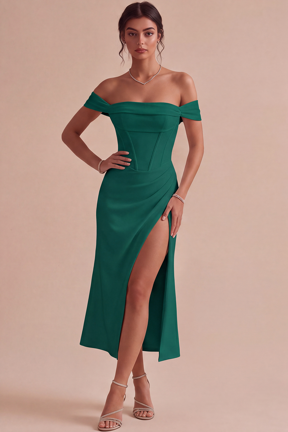 White Corset Ruched Off the Shoulder Midi Engagement Dress with Slit