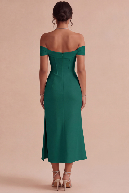 White Corset Ruched Off the Shoulder Midi Engagement Dress with Slit