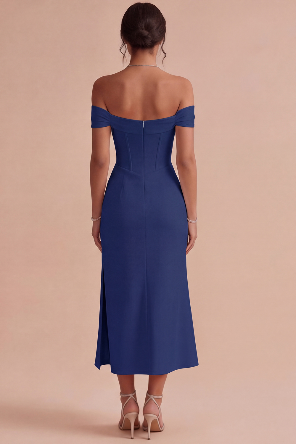 White Corset Ruched Off the Shoulder Midi Engagement Dress with Slit