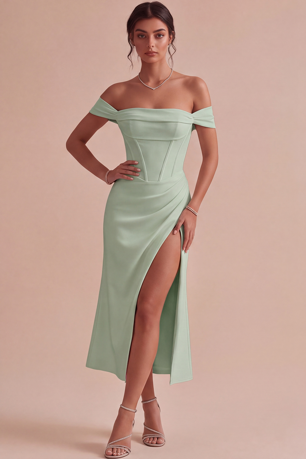 White Corset Ruched Off the Shoulder Midi Engagement Dress with Slit