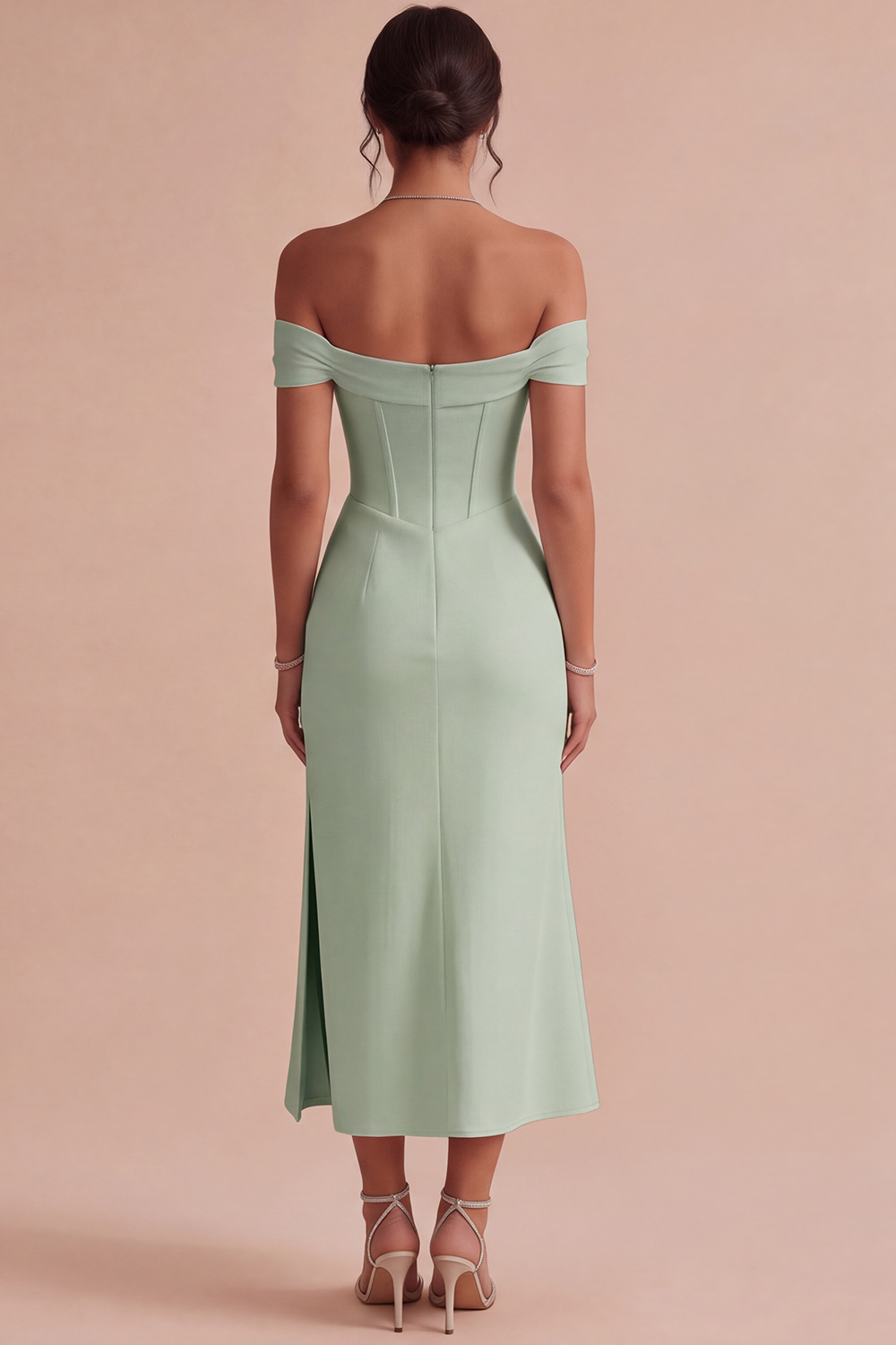 White Corset Ruched Off the Shoulder Midi Engagement Dress with Slit