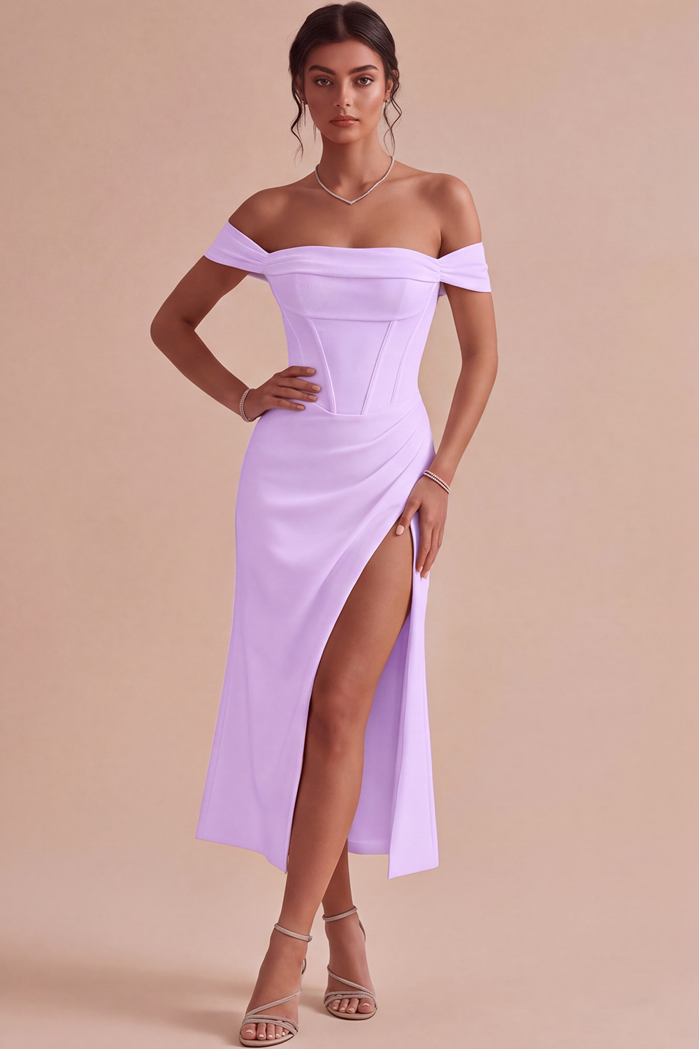 White Corset Ruched Off the Shoulder Midi Engagement Dress with Slit
