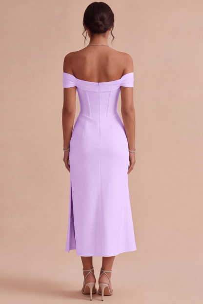 White Corset Ruched Off the Shoulder Midi Engagement Dress with Slit
