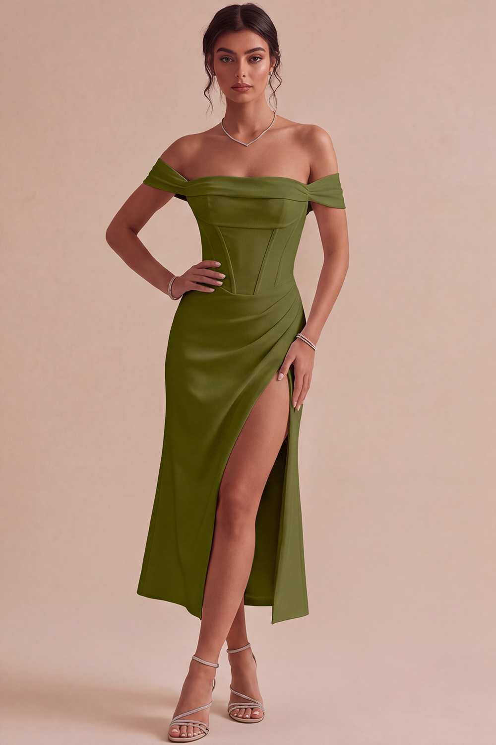 White Corset Ruched Off the Shoulder Midi Engagement Dress with Slit