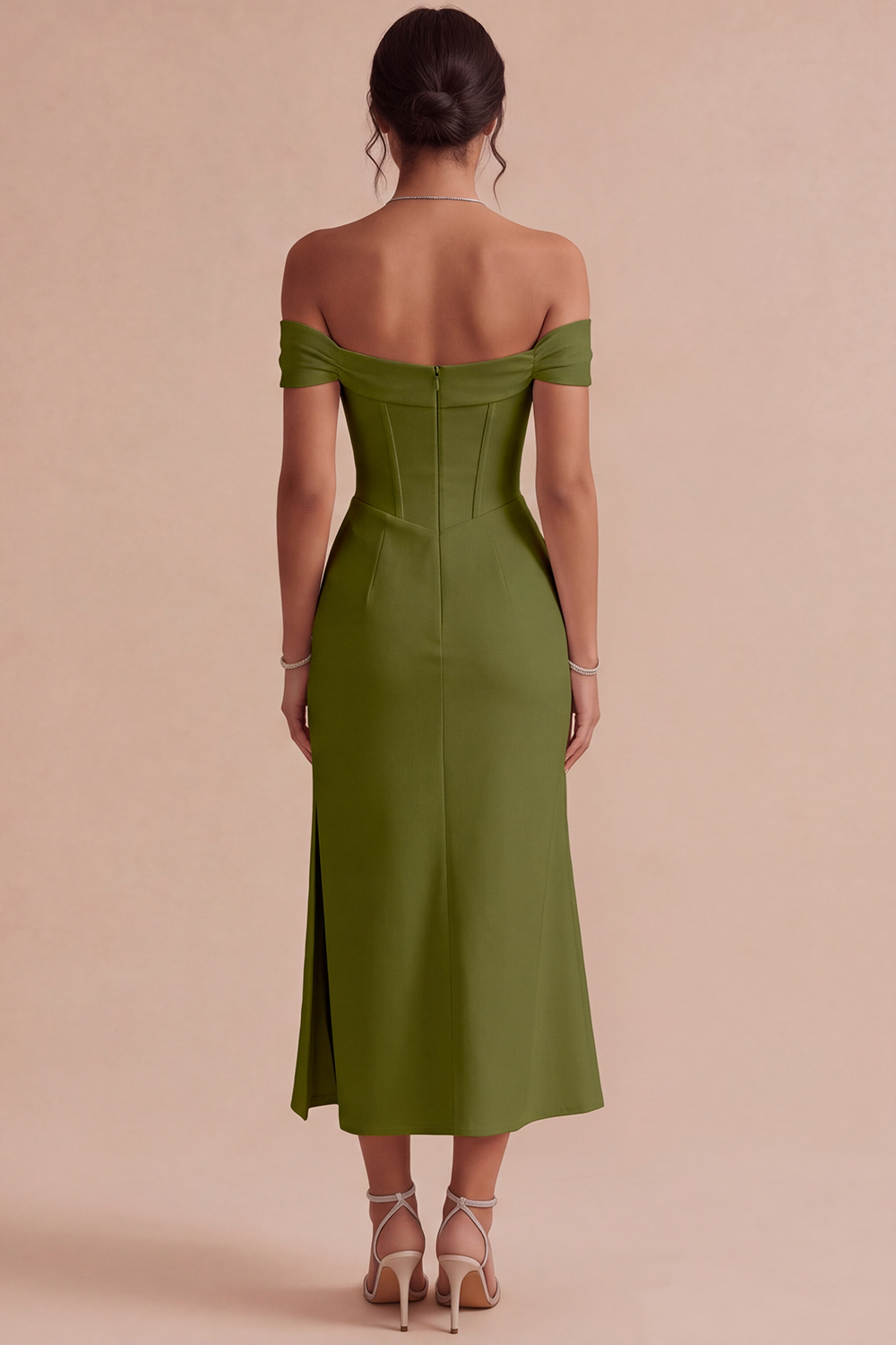 White Corset Ruched Off the Shoulder Midi Engagement Dress with Slit