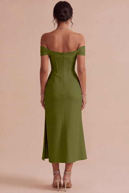 White Corset Ruched Off the Shoulder Midi Engagement Dress with Slit