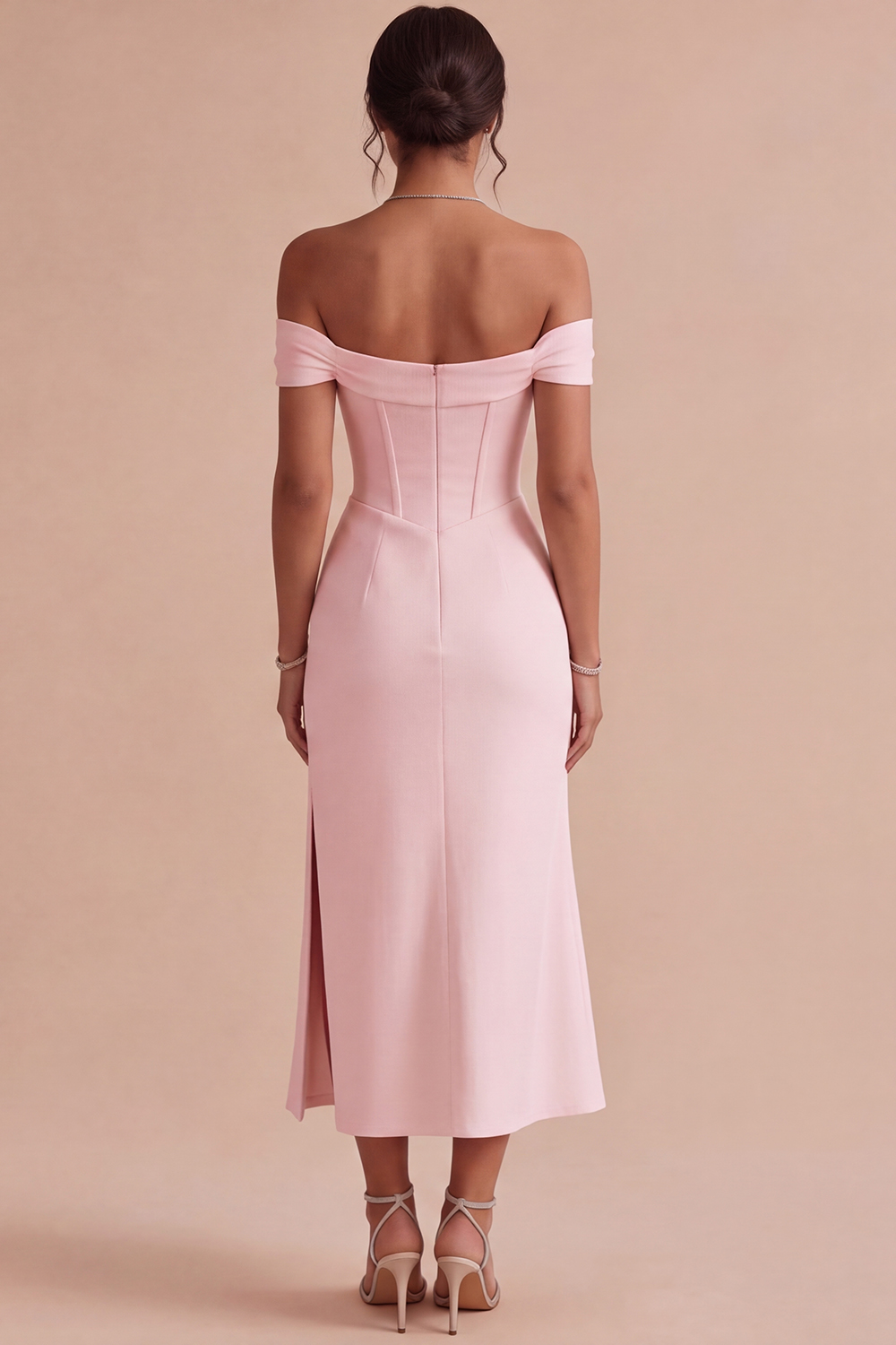 White Corset Ruched Off the Shoulder Midi Engagement Dress with Slit