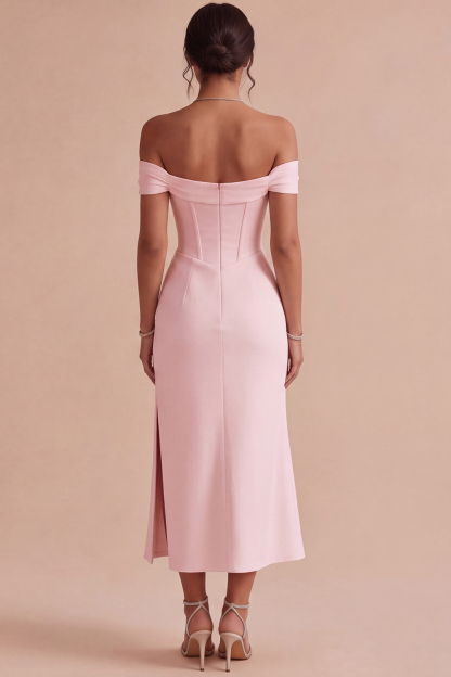 White Corset Ruched Off the Shoulder Midi Engagement Dress with Slit