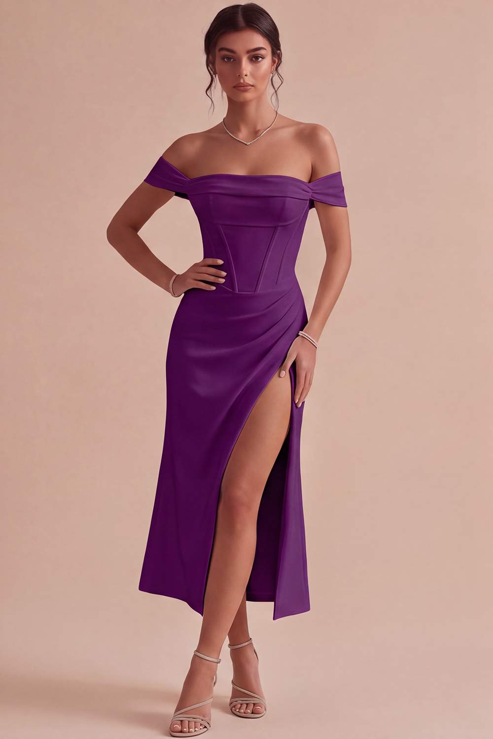 White Corset Ruched Off the Shoulder Midi Engagement Dress with Slit