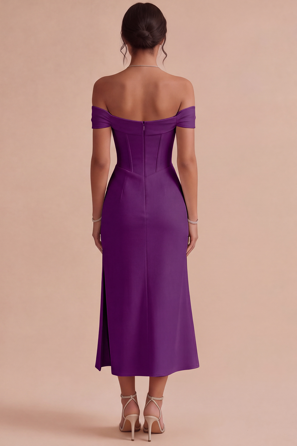 White Corset Ruched Off the Shoulder Midi Engagement Dress with Slit