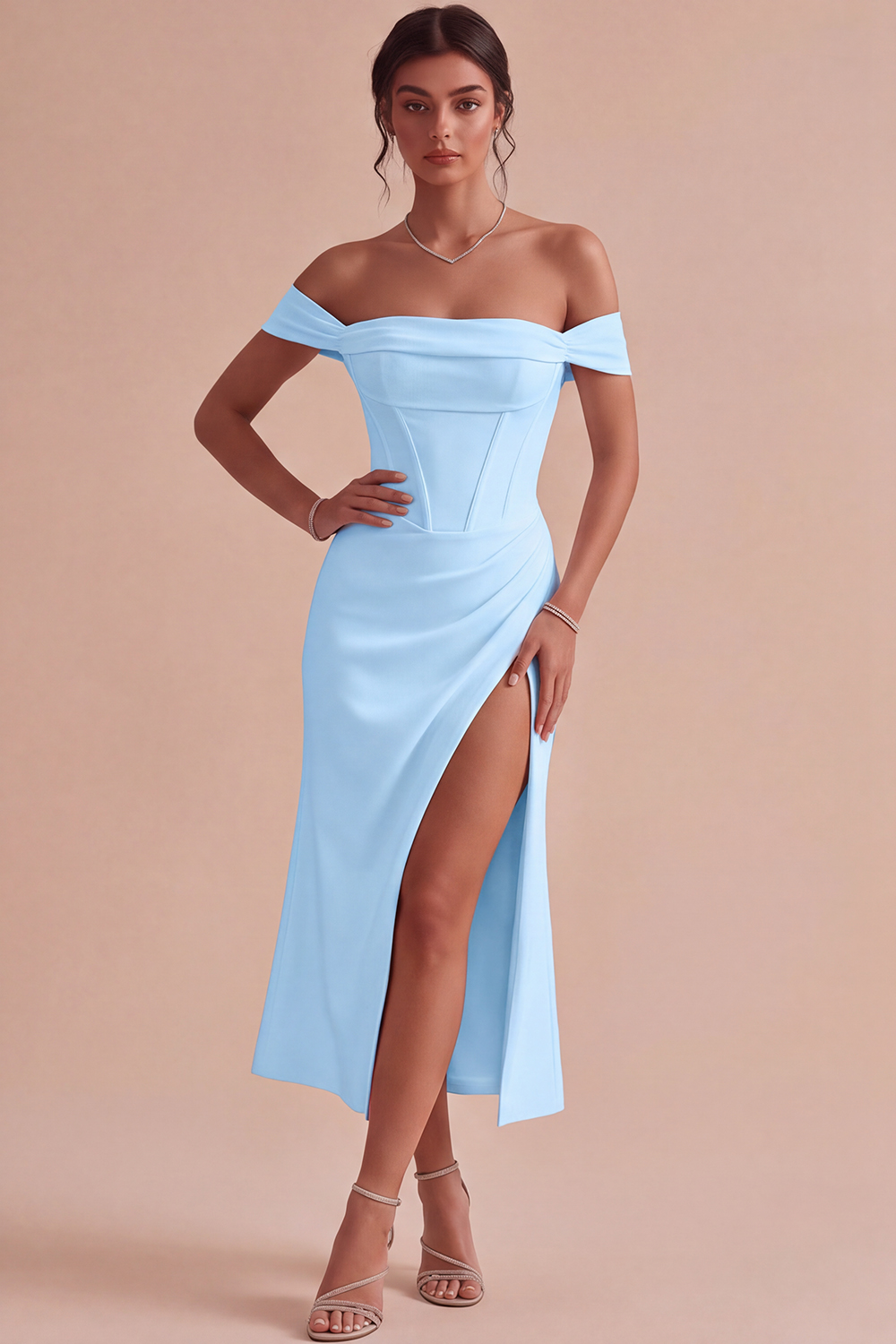 White Corset Ruched Off the Shoulder Midi Engagement Dress with Slit
