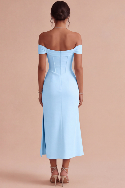 White Corset Ruched Off the Shoulder Midi Engagement Dress with Slit