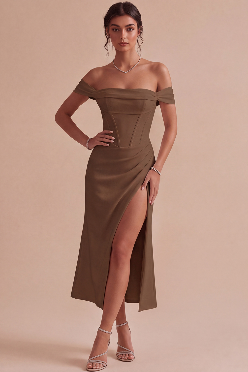 White Corset Ruched Off the Shoulder Midi Engagement Dress with Slit