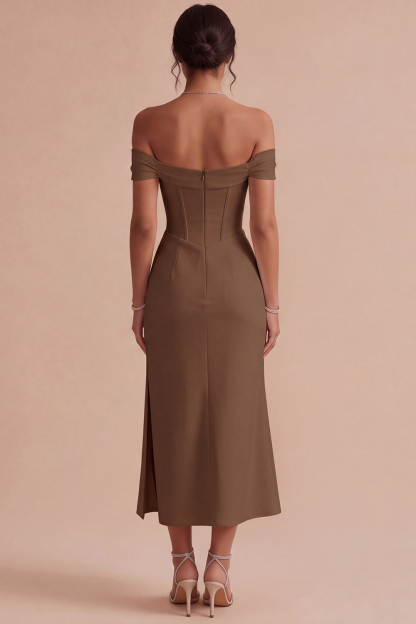 White Corset Ruched Off the Shoulder Midi Engagement Dress with Slit