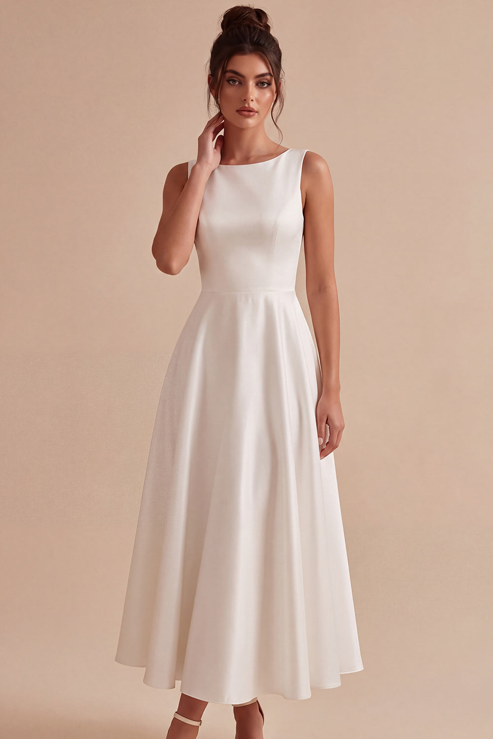 White Satin A-Line Boat Neck Midi Engagement Dress