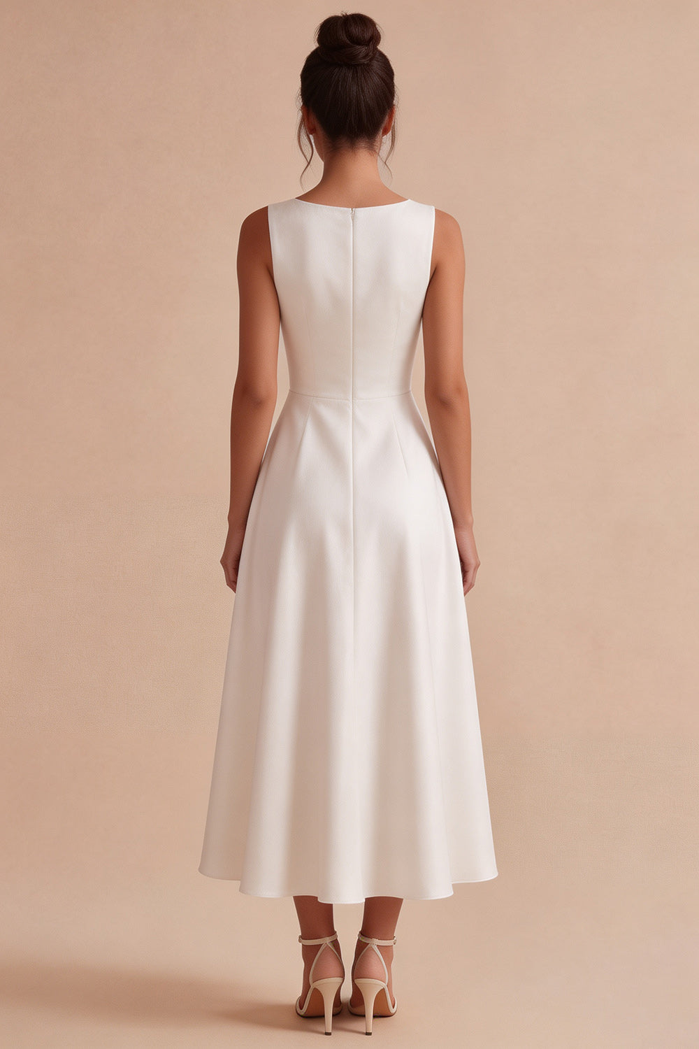 White Satin A-Line Boat Neck Midi Engagement Dress