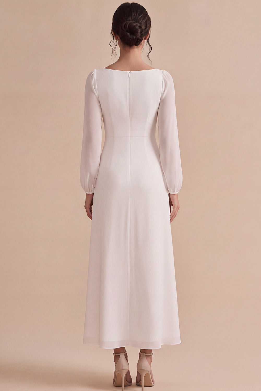 Leely Women White Chiffon Long Rehearsal Dinner Dress A Line Square Neck Flowy Wedding Dress with Sleeves