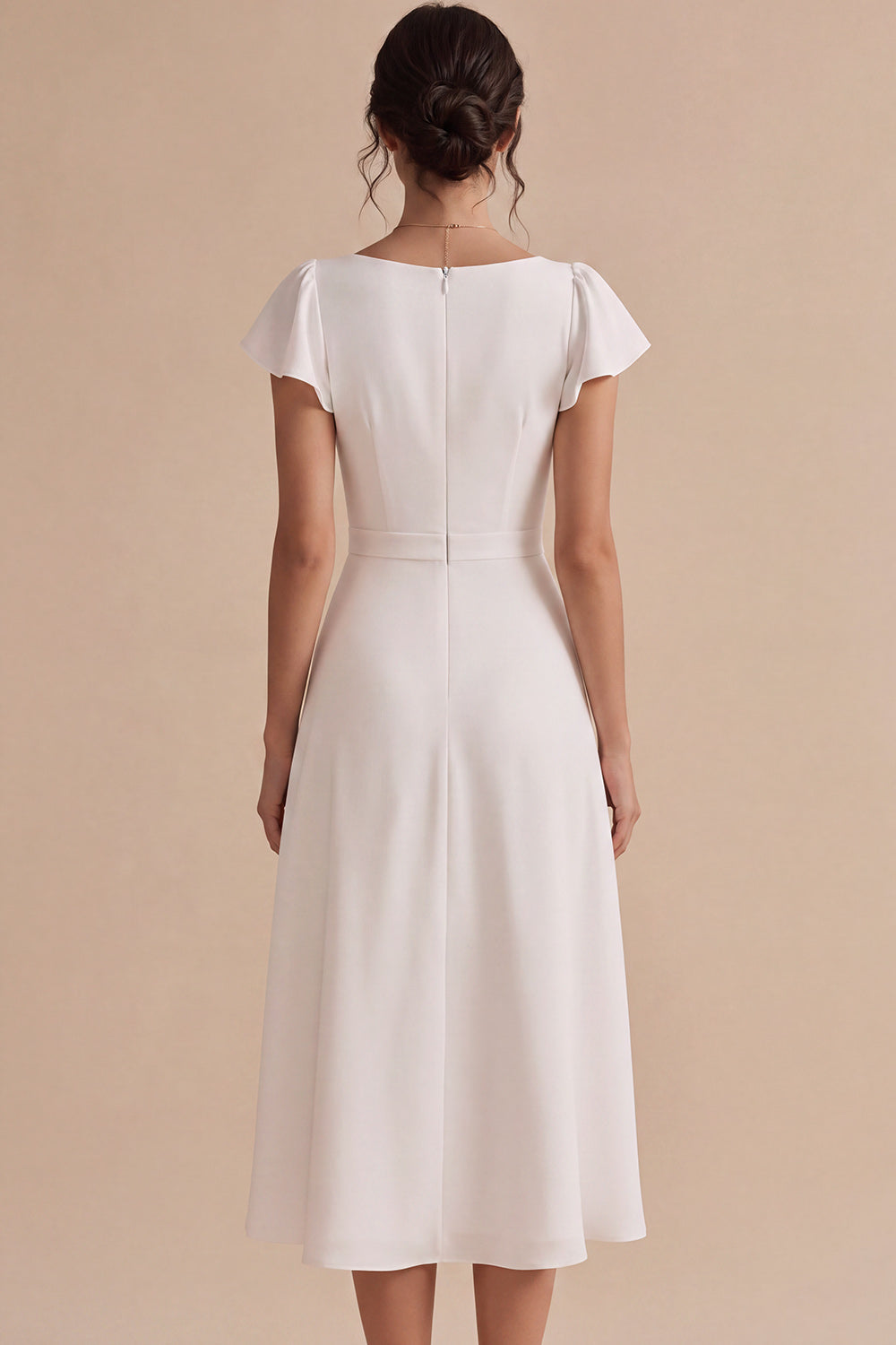 White A-Line Corset Ruched Midi Engagement Dress with Sleeves