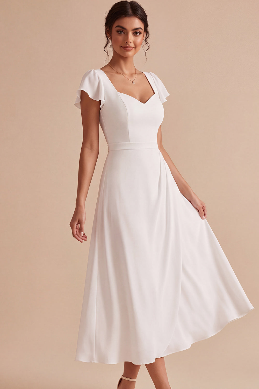 White A-Line Corset Ruched Midi Engagement Dress with Sleeves