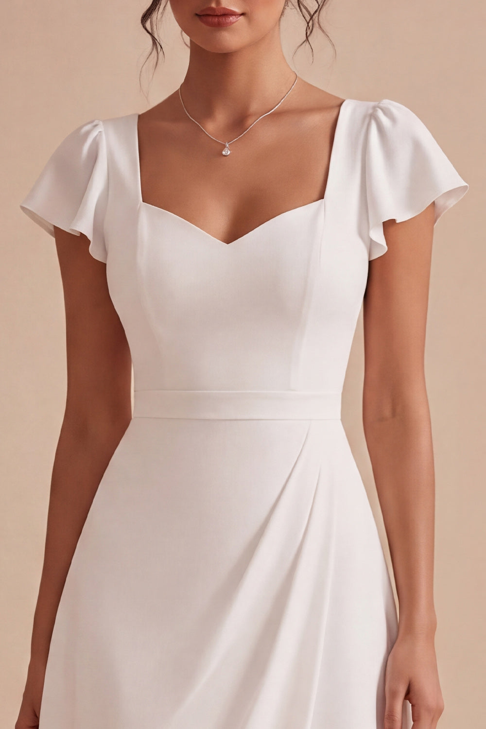White A-Line Corset Ruched Midi Engagement Dress with Sleeves