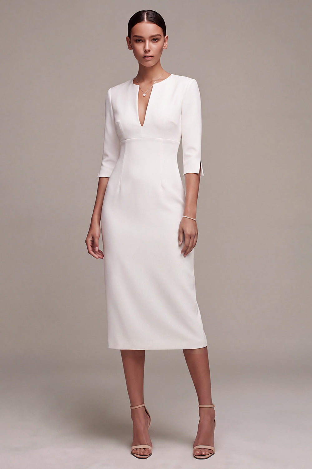 White Sheath V-Neck Half Sleeves Midi Engagement Dress with Slit
