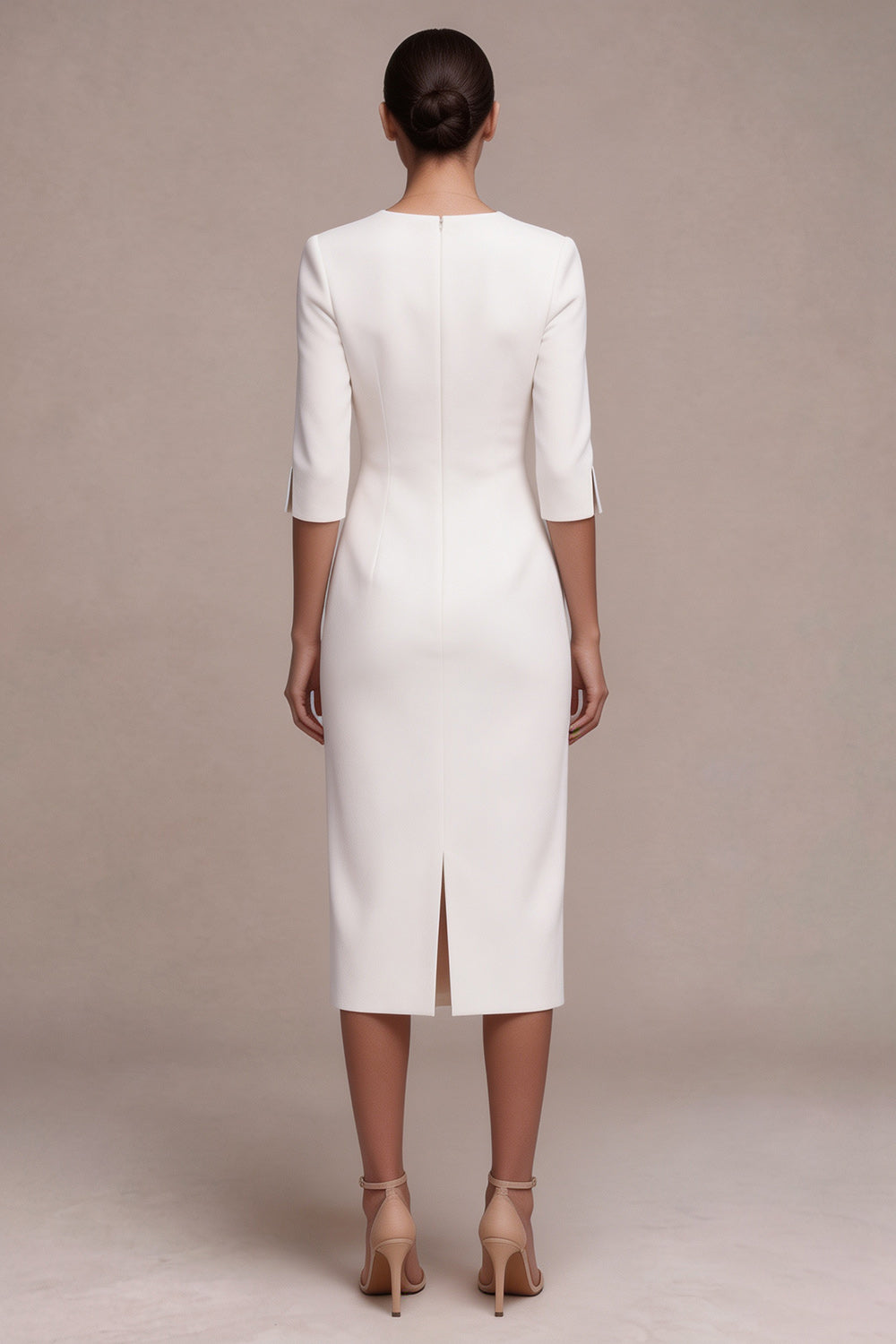 White Sheath V-Neck Half Sleeves Midi Engagement Dress with Slit