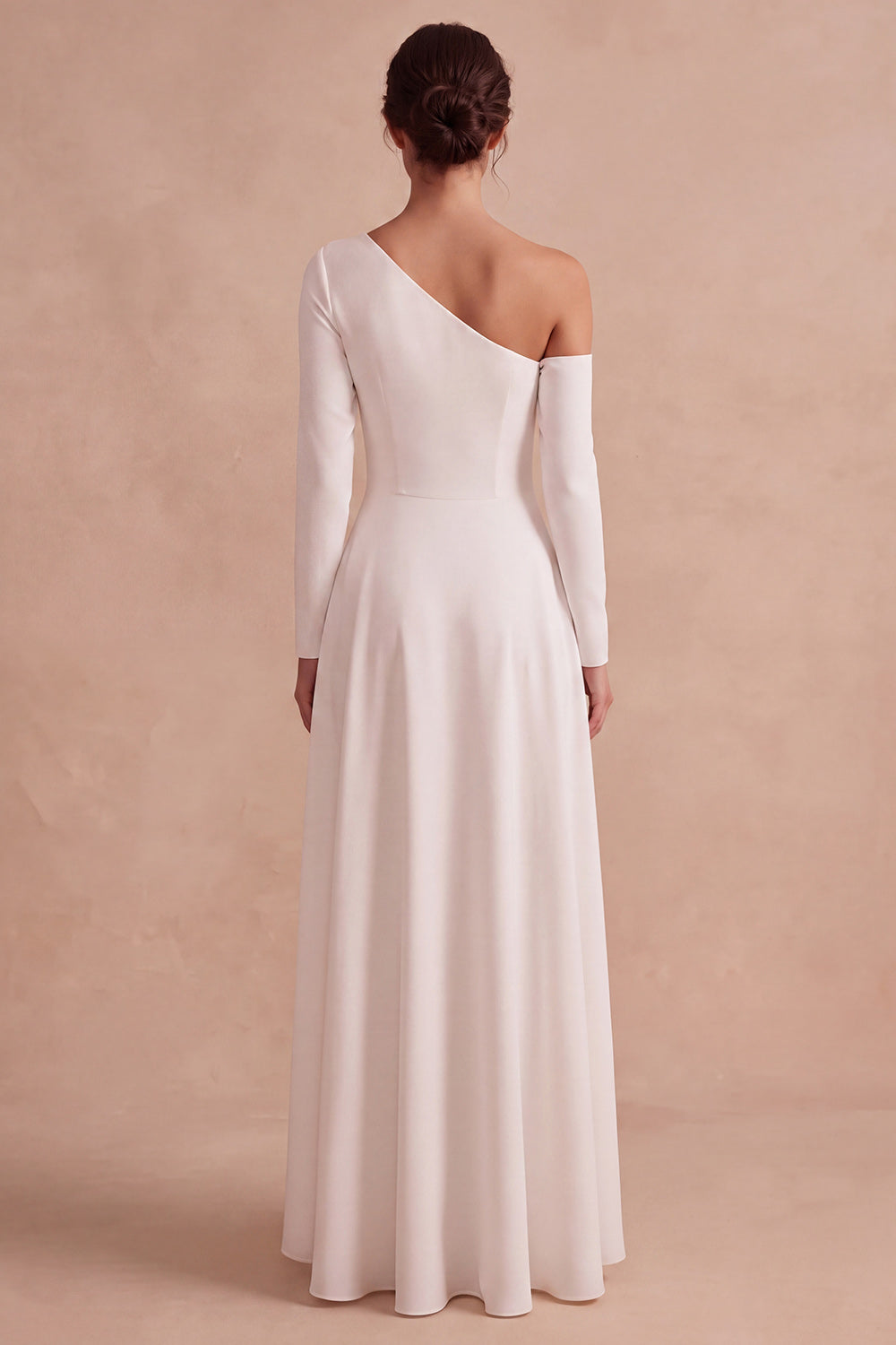 White A-Line One Shoulder High-Low Engagement Dress with Sleeves