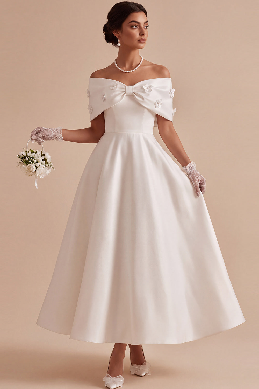 White Satin Floral A-Line Long Engagement Dress with Bow