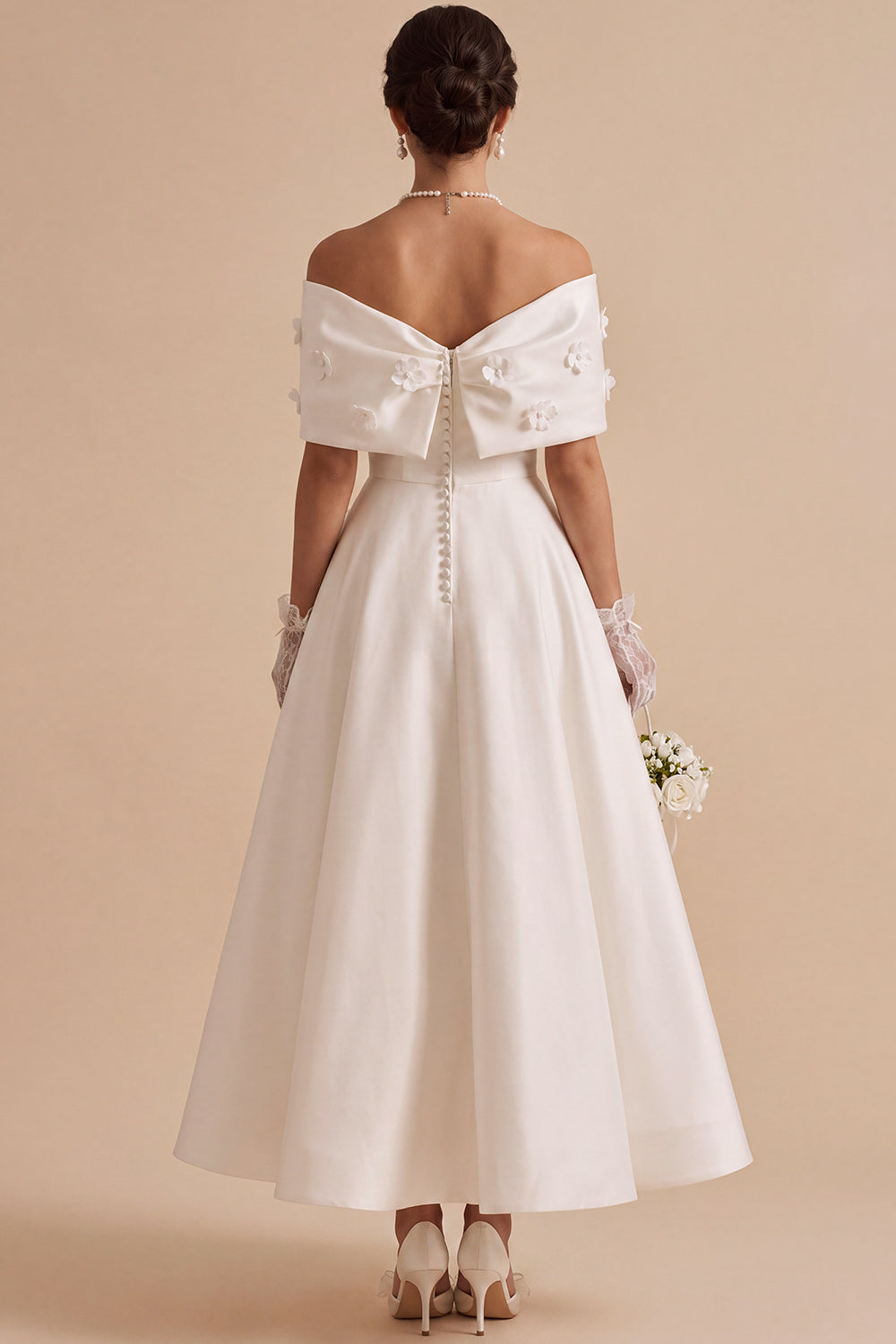 White Satin Floral A-Line Long Engagement Dress with Bow