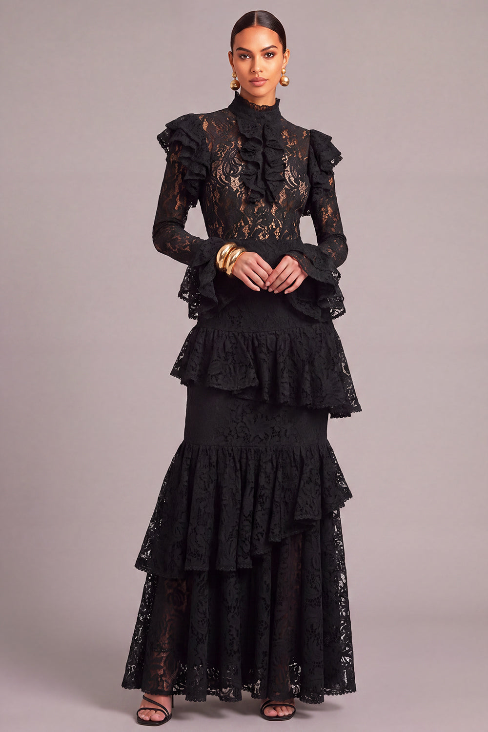 Leely Women Black Lace Long Ruffled Fall Wedding Guest Dress Tiered Mermaid High Neck Black Tie Dress with Sleeves