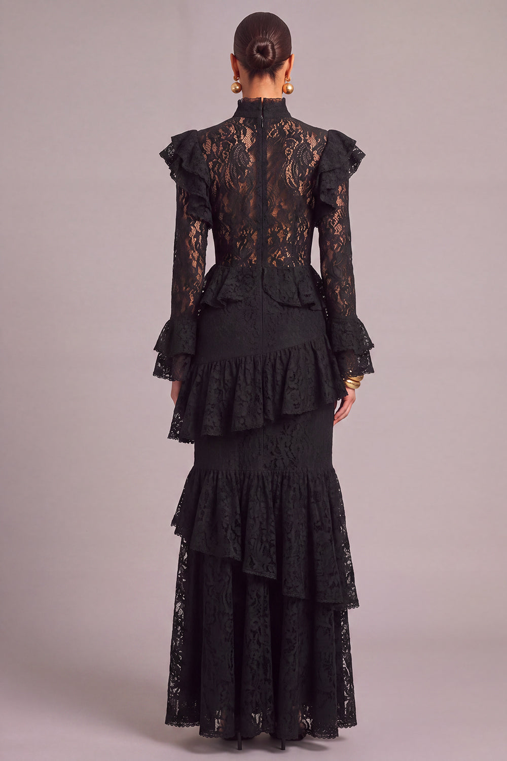 Leely Women Black Lace Long Ruffled Fall Wedding Guest Dress Tiered Mermaid High Neck Black Tie Dress with Sleeves