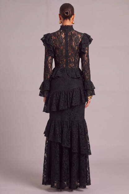 Leely Women Black Lace Long Ruffled Fall Wedding Guest Dress Tiered Mermaid High Neck Black Tie Dress with Sleeves