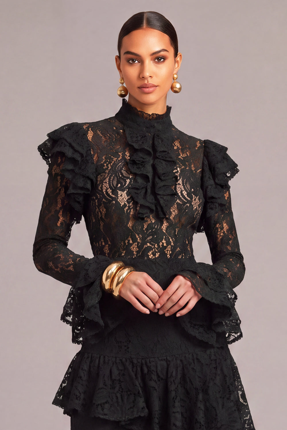 Black Tiered Lace High Neck Ruffled Long Wedding Guest Dress