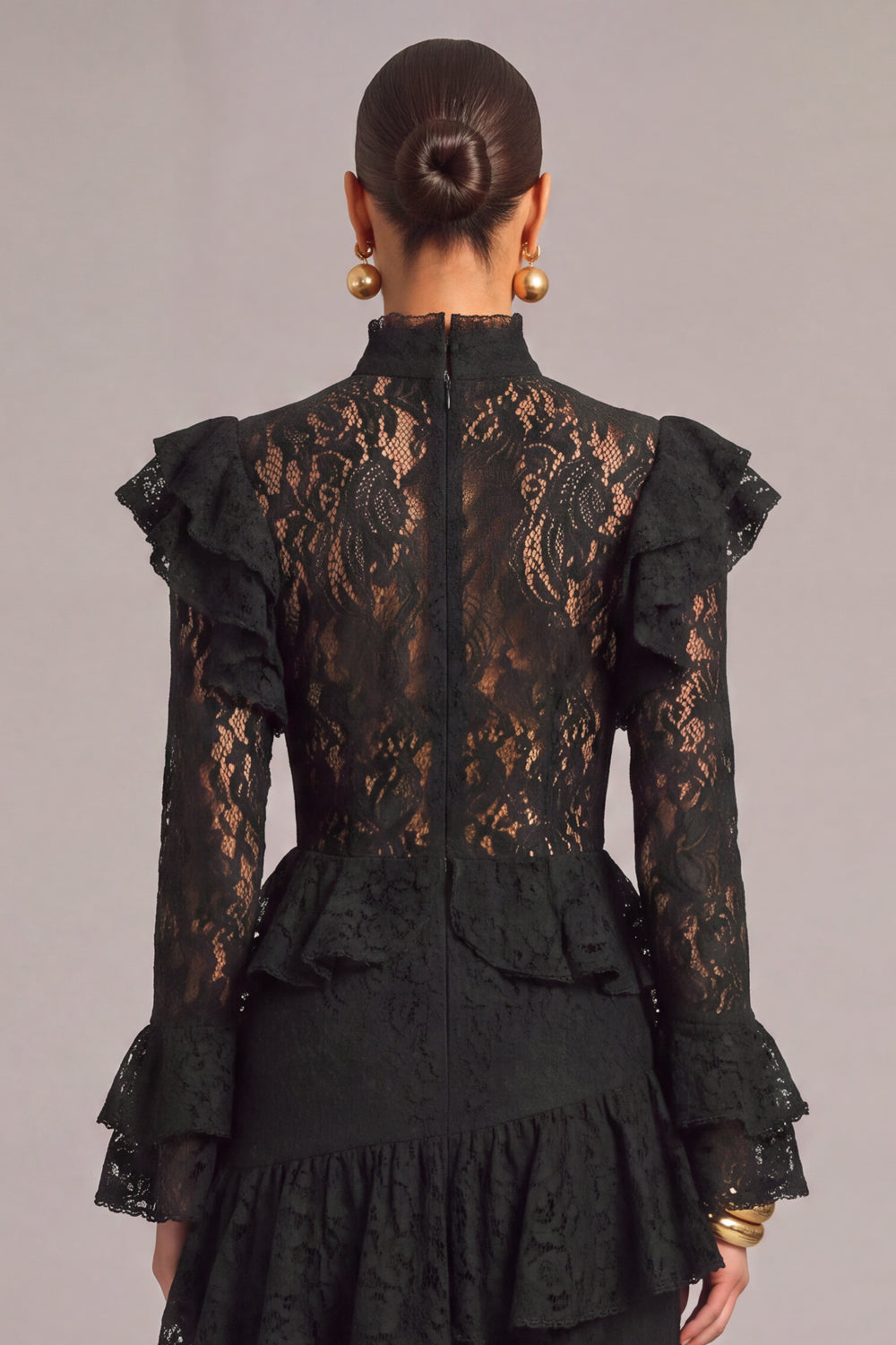 Black Tiered Lace High Neck Ruffled Long Wedding Guest Dress