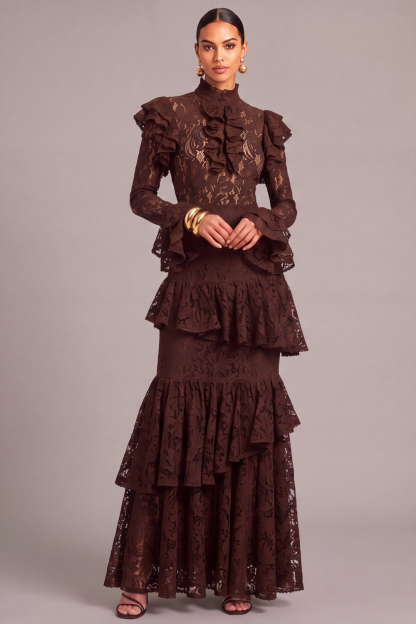 Leely Women Brown Lace Long Ruffled Fall Wedding Guest Dress Tiered Mermaid High Neck Black Tie Dress with Sleeves