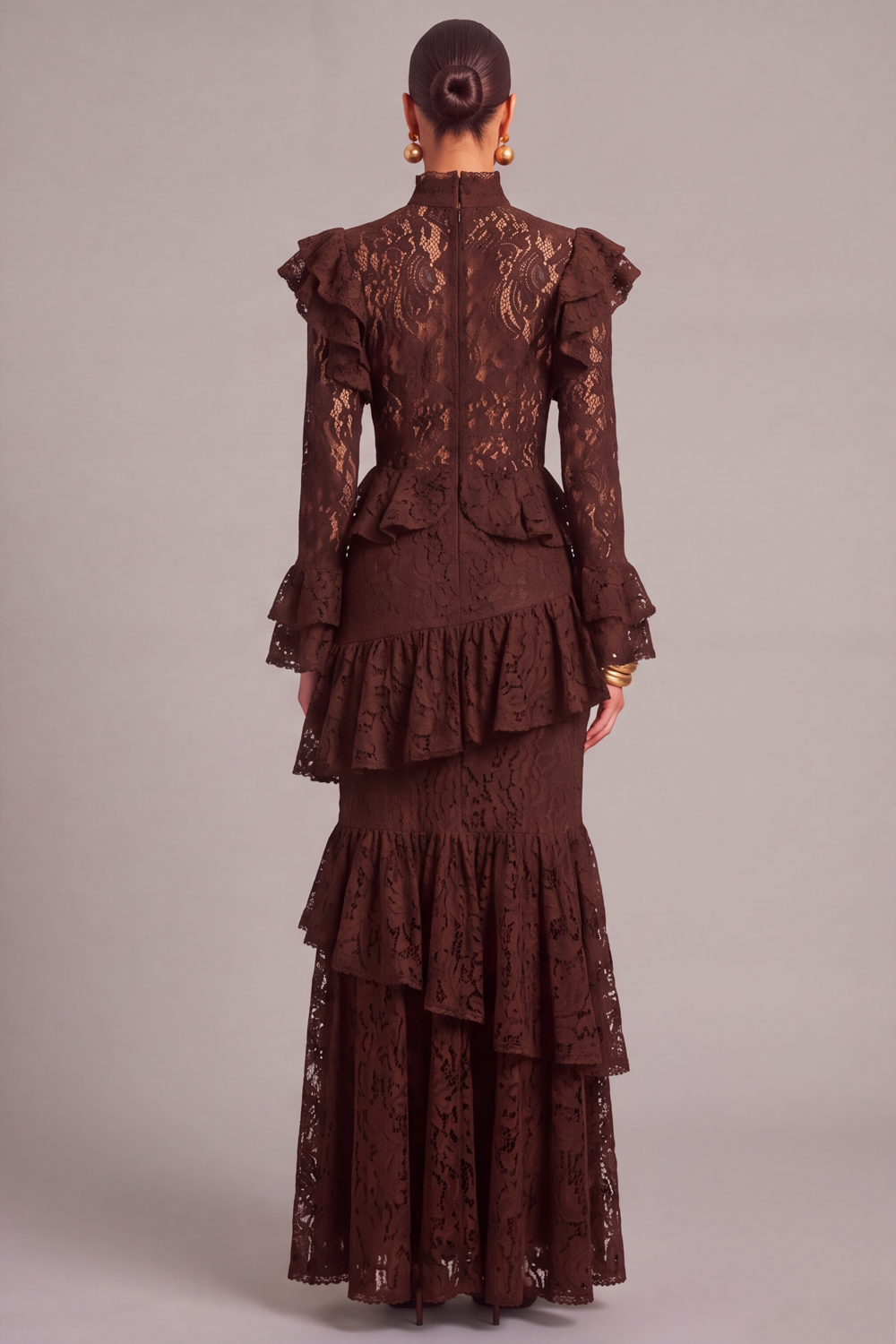 Black Tiered Lace High Neck Ruffled Long Wedding Guest Dress