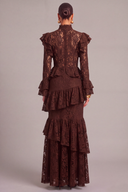 Black Tiered Lace High Neck Ruffled Long Wedding Guest Dress