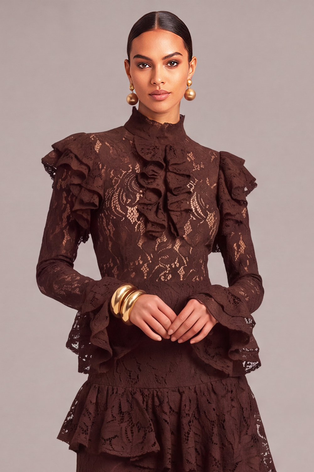 Black Tiered Lace High Neck Ruffled Long Wedding Guest Dress