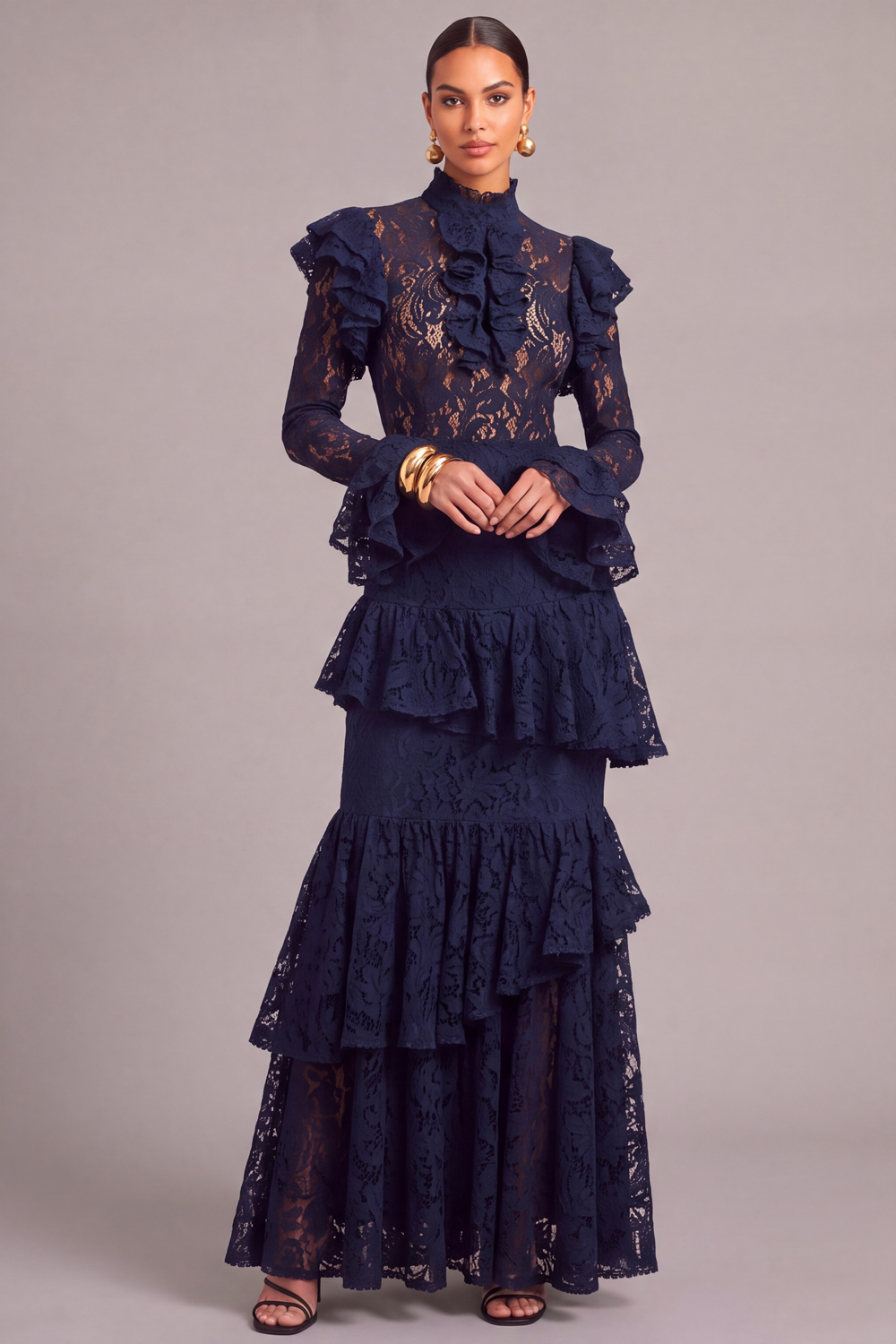 Leely Women Dark Blue Lace Long Ruffled Fall Wedding Guest Dress Tiered Mermaid High Neck Black Tie Dress with Sleeves