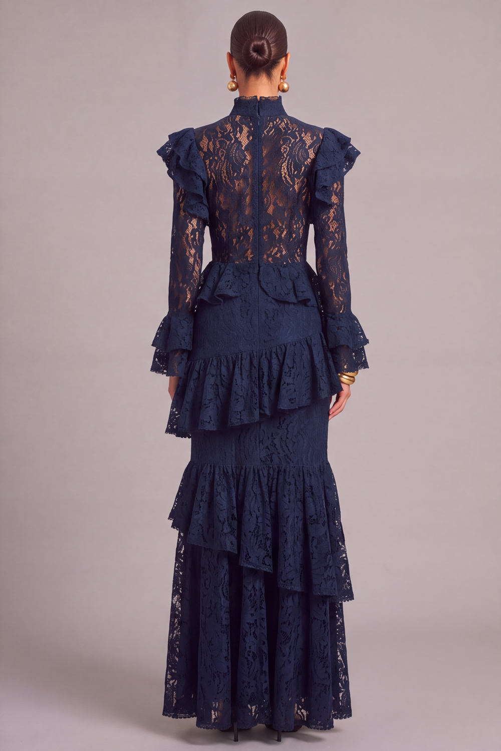 Leely Women Dark Blue Lace Long Ruffled Fall Wedding Guest Dress Tiered Mermaid High Neck Black Tie Dress with Sleeves