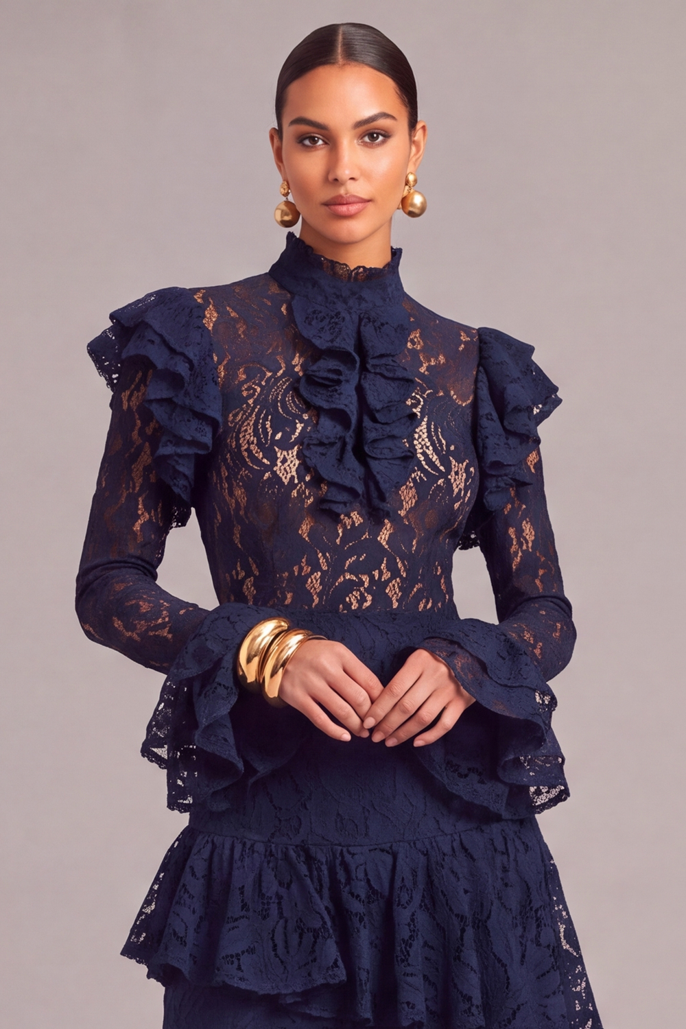 Black Tiered Lace High Neck Ruffled Long Wedding Guest Dress