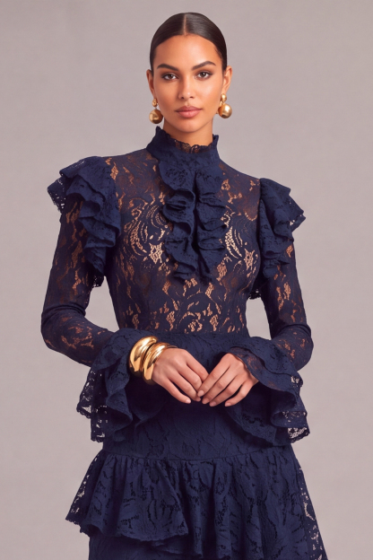 Black Tiered Lace High Neck Ruffled Long Wedding Guest Dress